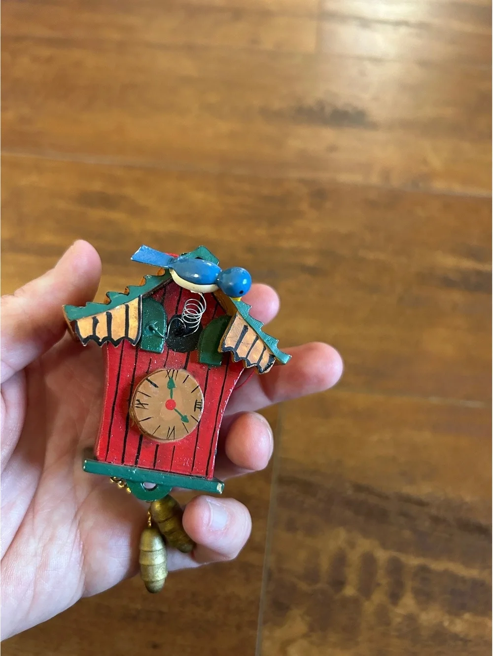 Miniature Wooden Cuckoo Clock Ornament with Blue Bird